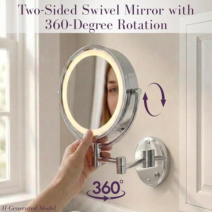 JERDON Hardwired Wall-Mount Makeup Mirror - 8X/1X - Chrome - HL88CLD | 8.5" Round Frame, 13.5" Wall Arm, LED Lighting, Direct Wire Installation