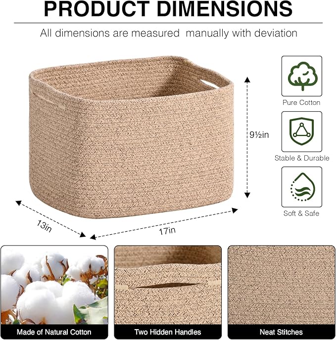 ICERZCZ Woven Cotton Rope Storage Basket for Organizing, Cute Decorative Baskets for Gifts Empty, Organizer Bins for Dog Toy, Baby Laundry, 17“×13”×9.5“, Brown