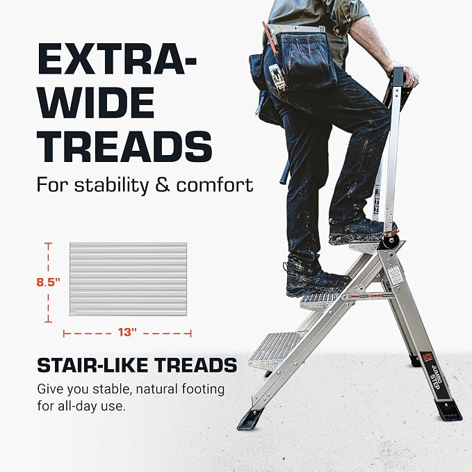 Little Giant Jumbo Step 4-Step Foldable 2.9 ft Aluminum Stool, 11904 | Foldable Aluminum Step Stool, Extra-Wide Stair-Like Treads, Rotating Handrail, Tool Tray, 375 lbs. Weight Capacity