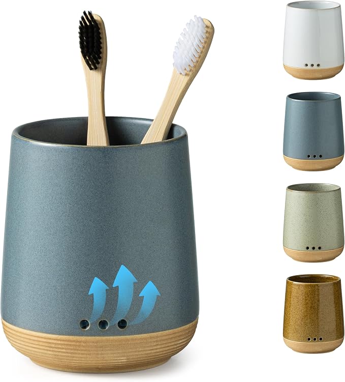 LYEOBOH Ceramic Toothbrush Holder, Toothbrush Storage,Tooth Brush Holders | Tooth Brush Holder for Bathroom, Single Toothbrush Cup with Drainage, Electric Toothbrush Storage for Home Decor, Blue