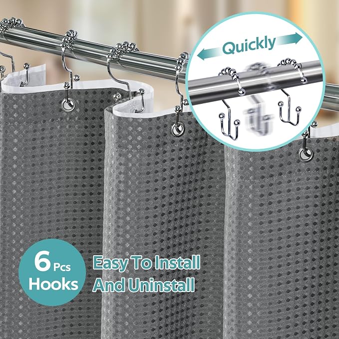 3 in 1 Shower Curtain Set, Waffle Shower Curtain and Liner Set with 6 Double Sided Shower Curtain Hooks, 258GSM Luxury Weighted Cloth Shower Curtain for Shower Stall, 36 W x 72 H, Grey
