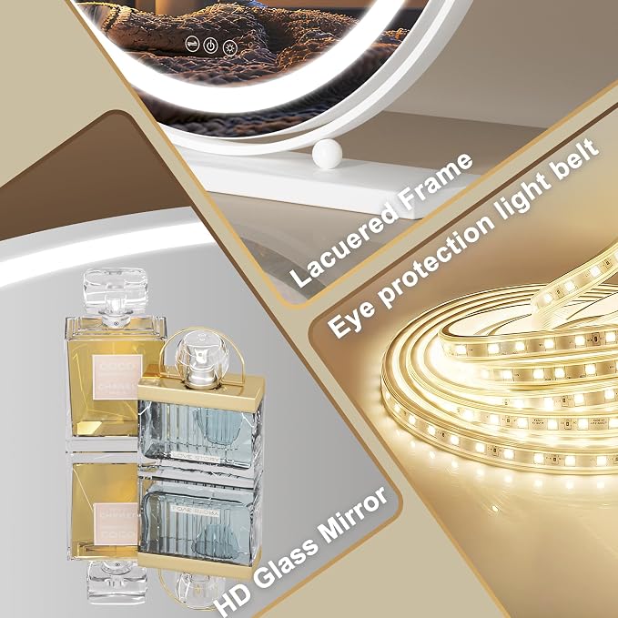 Hasipu Vanity Mirror with Lights, 27.6" LED Big Makeup Mirror, Lighted Makeup Mirror with Lights, Smart Touch Control 3 Colors Dimmable Round Mirror 360°Rotation White
