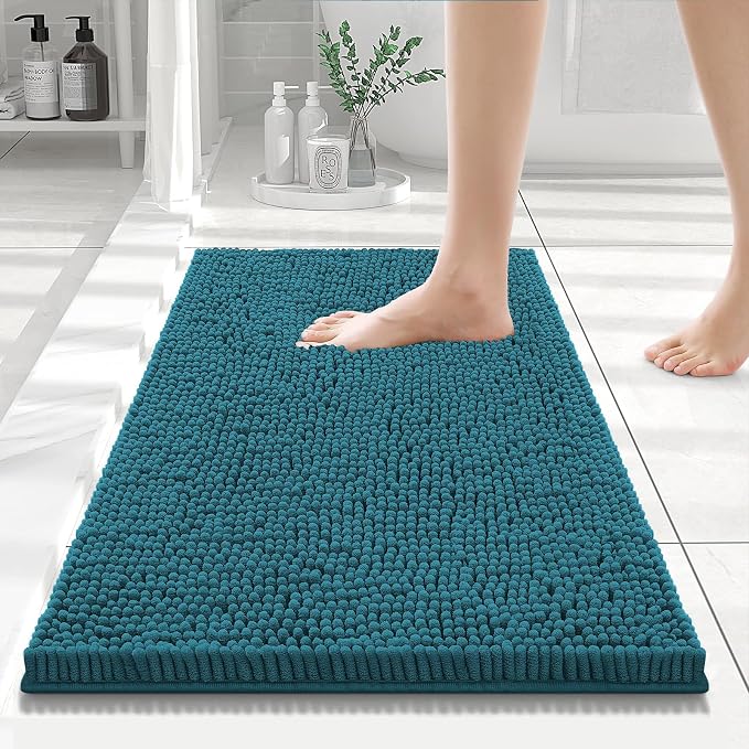 Smiry Bathroom Rugs 24X16, Luxury Chenille Extra Soft Absorbent Bath Mat | Lake Blue, Machine Washable Non-Slip Plush Bath Mats for Bathroom, Tub, Shower, and Floor, Home Decor