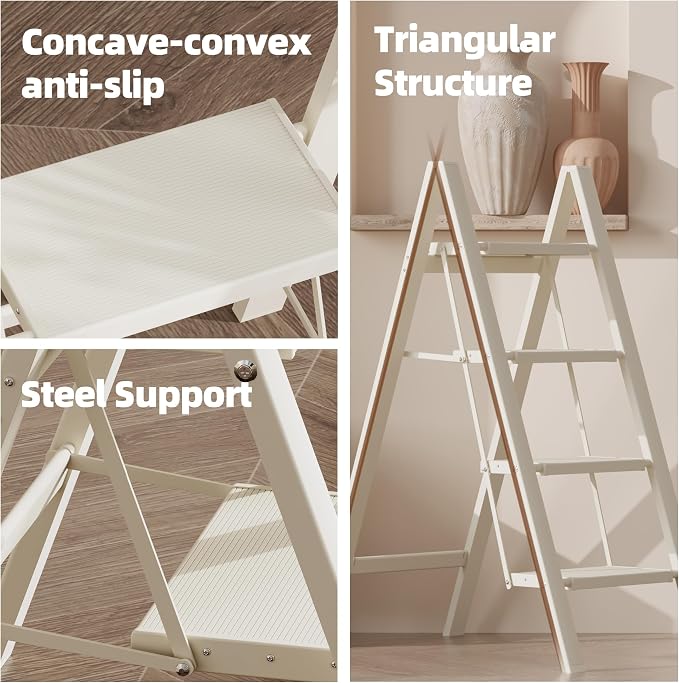 HillhutApex Aluminum Step Stool Foldable,4 Step Ladder (White) | Lightweight Portable step ladder with Anti-Slip Wide Pedal,330lbs Capacity Ladder for Household,Office,Kitchen