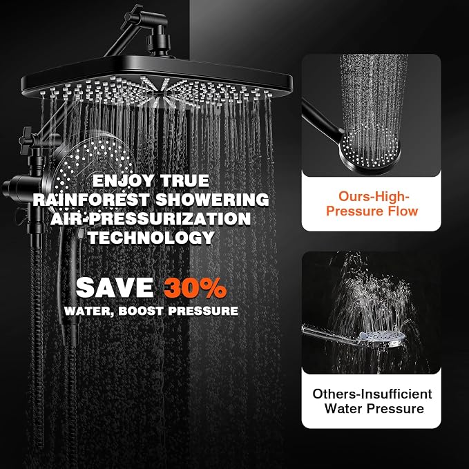 Black Shower Head with Handheld, Adjustable Rain Shower Head with Spray Combo, One-piece High Pressure Filtered Shower Head with Handheld, Built-in Magnetic Docking and Power Jets