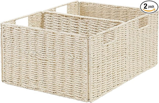Wicker Storage Basket, Set of 2 Hand-Woven Paper Rope Wicker Basket, Small Storage Baskets for Organizing Toilet Paper Baskets, Foldable Large Cube Storage Organizer Bin for Shelves (Beige)