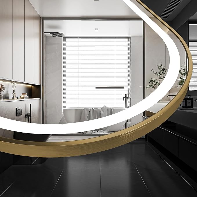 Arched Bathroom Mirror 24"x36", Gold, LED Tempered Glass | arch led bathroom mirror gold wall mounted vanity lighted tempered glass dimmable anti fog metal frame