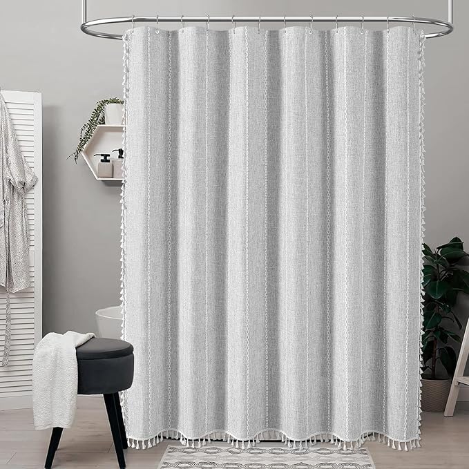 72x96 Extra Long Boho Linen Heavy Duty Shower Curtain Set, Grey/Gray | Extra Tall Size, 330GSM Linen Blend, Water Repellent, Vintage Striped Fabric, 12 Hooks, Rustic Country, Machine Washable