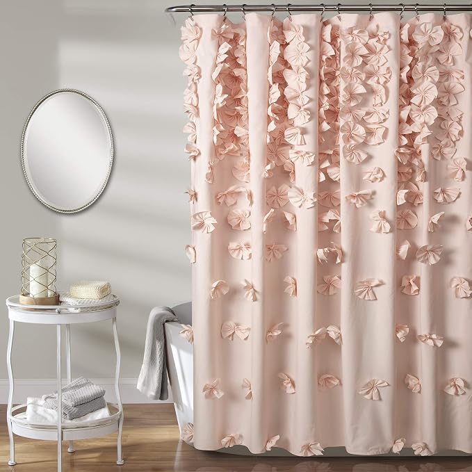 Lush Decor Riley Shower Curtain, 72" W x 72" L, Blush - Bathroom Curtain - Coquette Decor - Bow Shower Curtains - Cottage Core - Fabric Shower Curtains