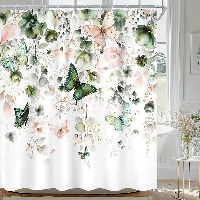 Green Pink Floral Butterfly Spring Summer Bathroom Shower Curtain Set | 72"W x 72"L Plant Natural look, waterproof HD printed shower curtain, quick-dry fabric and free hooks.