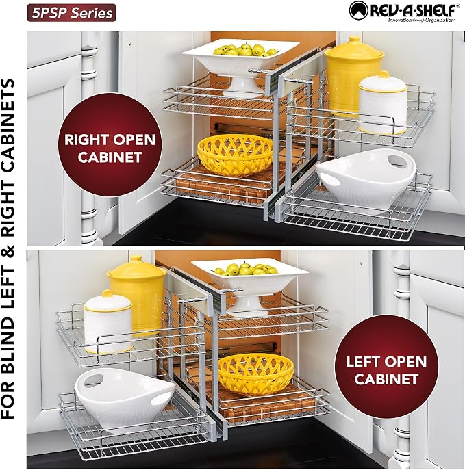 Rev-A-Shelf Dual Pullout Organizer for Cabinets, Min Opening Width of 18" | Two-Tier Adjustable 4-Basket Bottom Storage Shelves for Blind Corner Base Kitchen Cabinets, Heavy Duty Chrome Wire,5PSP-18-CR