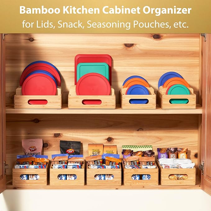 Bamboo Food Container Lid Organizer for Kitchen Cabinet and Drawer | Adjustable Slots - Premium Bamboo, Pretty Color - Sturdy Versatile Caddy for Snack, Spice - Anti-Skid Silicone Pads