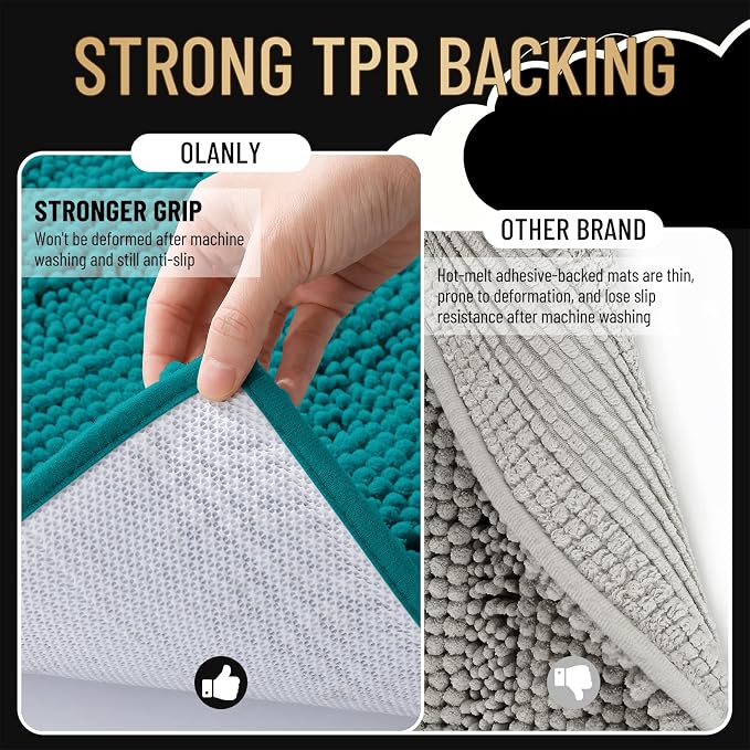 OLANLY Thick Bathroom Rugs 30x20, Chenille Striped Bath Rugs, Deep Lake | Rubber Backing, Machine Wash, Extra Soft Absorbent Bath Mats for Bathroom Floor, Tub and Shower, Home Decor Accessories