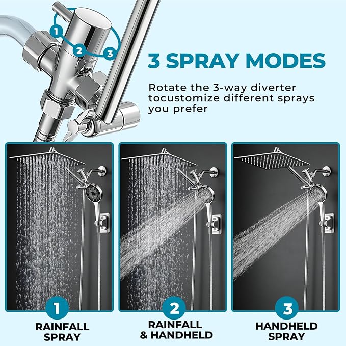 Shower Head, Rain Shower Head with Handheld Spray Combo, 12Inch Adjustable High Pressure Rainfall Shower Head, Dual Showerhead Set with Extension Arm