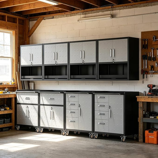 Garage Storage Cabinet System,Wall Cabinet & Locking Rolling Tool Cabinet with Doors and Adjustable Shelves