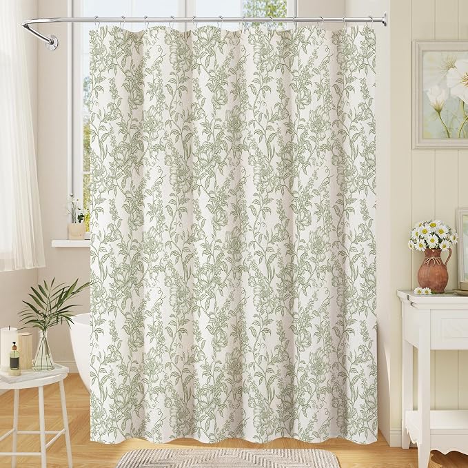 Sage Boho Linen Shower Curtain, Farmhouse Floral for Bathroom | Botanical floral print. Rustic farmhouse boho decor. Durable linen blend fabric. Machine washable for easy care. 72x72