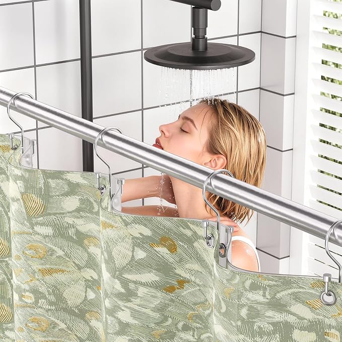 Bathway 12-Pack Double Shower Curtain Hooks, Rust-Resistant Metal Shower Curtain Rings with High-Low Design to Separate Liner & Curtain, Smooth Glide, Chrome