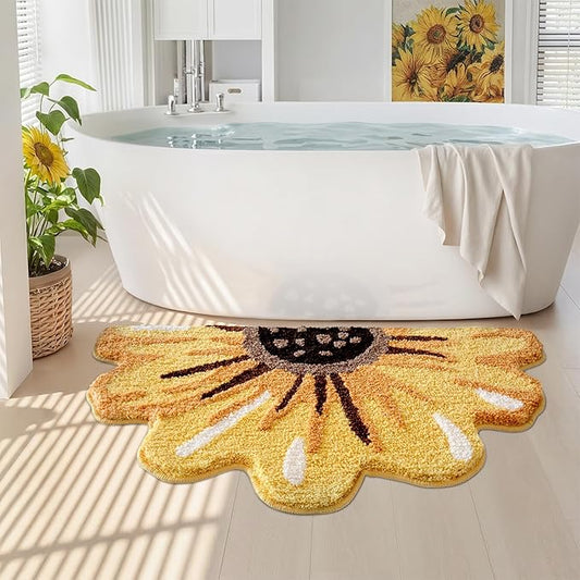 LUMI Floral Bathroom Rug, Absorbent Non Slip Bath Mat, 24"x43" | Sunflower, Soft Plush Microfiber, Quick Dry, Washable Yellow Bath Mats for Shower Floor, Sink Bathtub, Bedroom, Kids Room