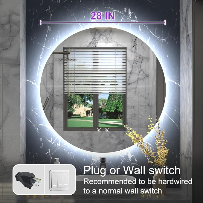 28 Inch Backlit Round LED Bathroom Mirror with Anti-Fog | 3 Color Temperatures(3000K/4500K/6000K), Stepless Dimming, Frameless 5mm HD Glass, Memory Function, ETL Cert‌