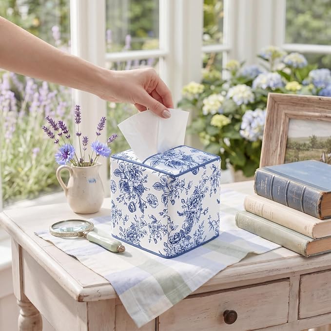 Blue Fabric Tissue Box Cover Floral Print Cotton Tissue Box Decorative Square Napkin Holder Vintage Cottagecore Home Decor for Bathroom Bedroom Vanity Countertop Home Office Kitchen