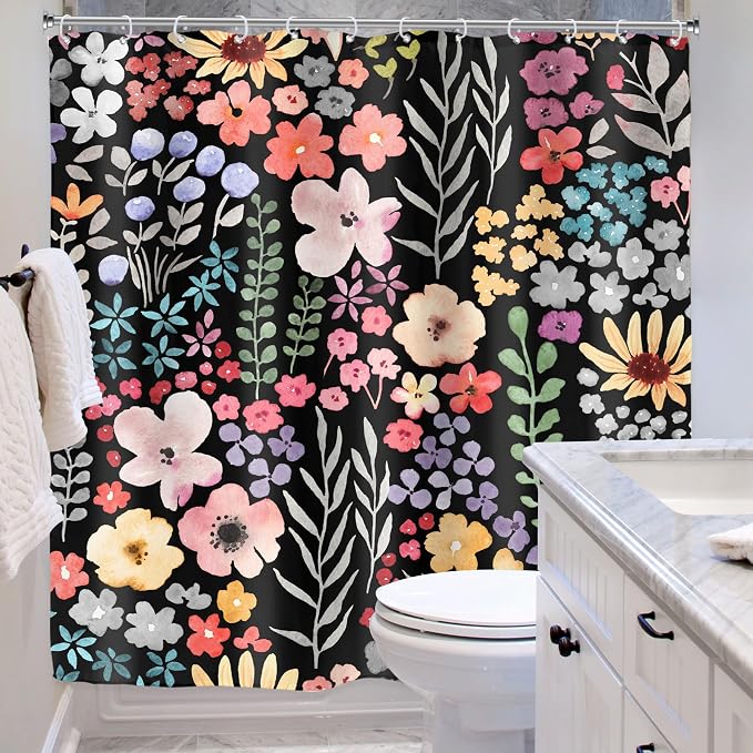 Black Dark Floral Flowers Watercolor Plants Art Bathroom Shower Curtain Set | 72"W x 72"H Leaves Botanical; waterproof HD print, quick-dry fabric with 12 hooks for easy hanging.