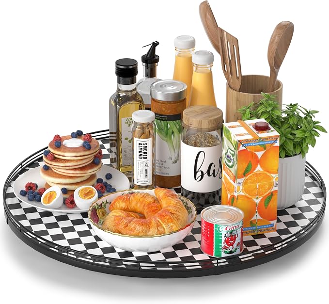 AMH 21-Inch Black and White Checkerboard Lazy Susan Decorative Tray | Smooth rotating oak tray with walnut finish for dining tables, kitchen counters, pantries and cabinet storage.