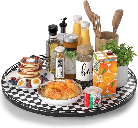 AMH 21-Inch Black and White Checkerboard Lazy Susan Decorative Tray | Smooth rotating oak tray with walnut finish for dining tables, kitchen counters, pantries and cabinet storage.