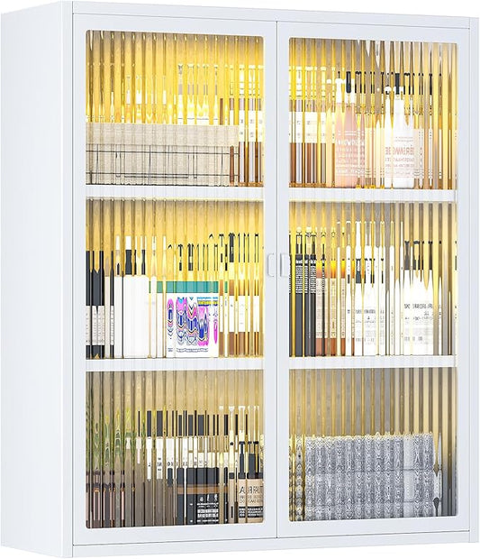 Bathroom Medicine Cabinet with Glass Doors & Sensor LED Lights, Over Toilet Bathroom Organizer, Space-Saving Wall-Mounted Storage for Living Room, Kitchen, Laundry Room (23.6" W x 27.6" H)