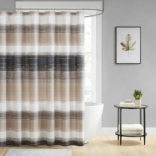 Madison Park Saben Shower Curtain for Bathroom, 72 x 72, Taupe/Black | Ultra Soft, Microfiber, Adds Privacy, Machine Washable, Striped Pattern, OEKO-TEX Certified