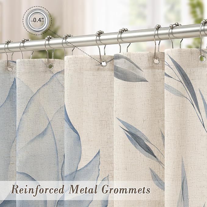 Litabel Long Blue Boho Floral Linen Shower Curtain 72 x 78, Modern Farmhouse Spring Cotton Shower Curtains for Chic Elegant Bathroom, Ink Painting Style Blossom 78 Inch Long Fabric Bath Curtain