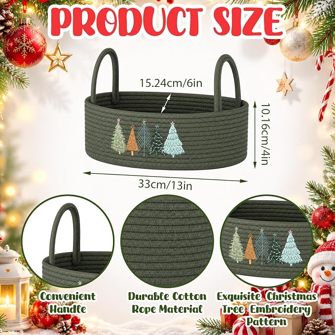 Vesici Christmas Tree Toilet Basket Green Cotton Rope Storage with Handle | Woven Organizer for Bathroom Countertop, Holds Toilet Paper on Tank Top, Christmas Tree Embroidery, Bedroom Nursery, 13x6x4