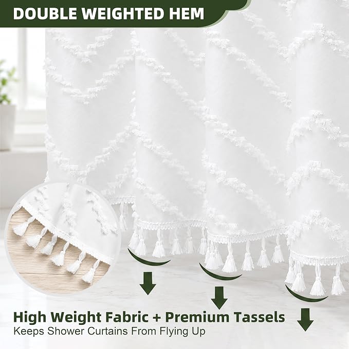 Siiluminisoy White Shower Curtain Fabric Boho Shower Curtain Cloth Textured Tufted Chevron Elegant Shower Curtains Waterproof for Bathroom 72" x 72"