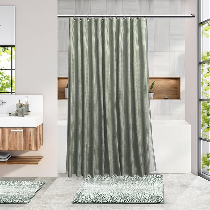 Clara Clark Bathroom Accessories Set - 27PC Bathroom Set with Adhesive Corner Shower Caddy Hanging, Bathroom Sets with Shower Curtain and Rugs, Ombre Sage Green Shower Curtain Set with Trash Can | 27 Piece Ombre Sage Green Bathroom Sets with Shower Cur...
