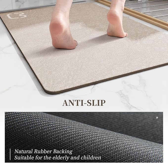 Diatomaceous Earth Bath Mat Stone Bath Mats for Bathroom,17"x27.5",Taupe | Non Slip Rubber Backed Quick Dry Bathroom Rugs Super Absorbent Low Pile Diatomite Stone Bathroom Mat Fit Under Door Floors