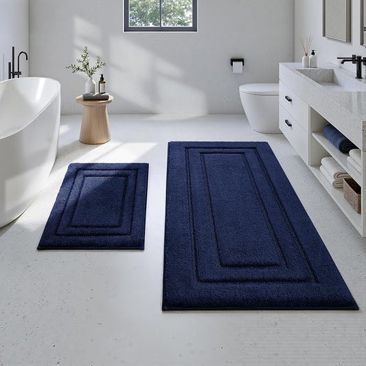 HOMEIDEAS 2 Pieces Large Bathroom Rug, Super Soft and Absorbent Long Rugs, Non Slip and Microfiber Bath Mat for Bathroom Decor (20"x47"+16" x 24", Navy Blue)