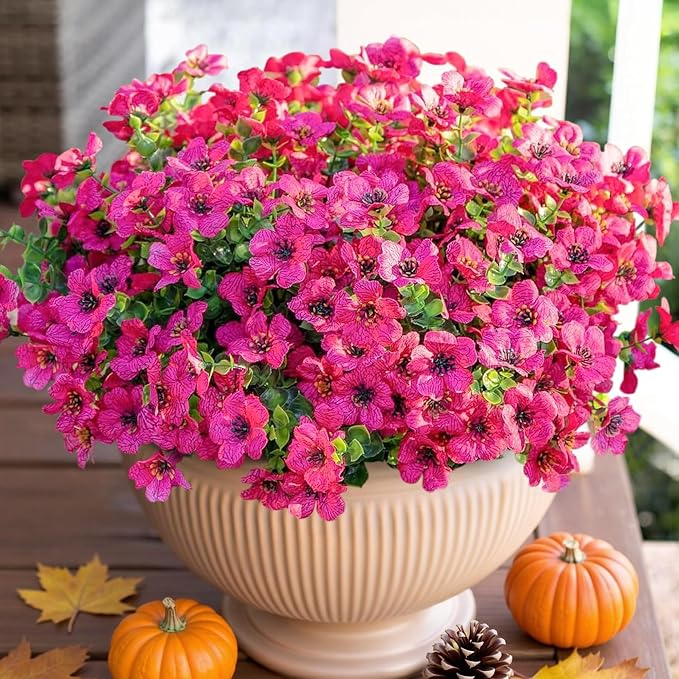 Artificial Flowers for Outdoor Indoor Garden Home Decoration, Faux Flower Daisy with Eucalyptus Leaves Fake Plants Greenery Boxwood Porch Patio, 12 Bundles (Rose Red)