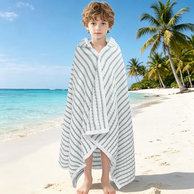 VOOVA & MOVAS Kids Bath Towel, 6-10 Years, 100% Cotton,White Green Stripe | Soft Horizontal Striped Print, Fluffy Thick Cotton, Suitable for Pool, Swim and Daily Bath