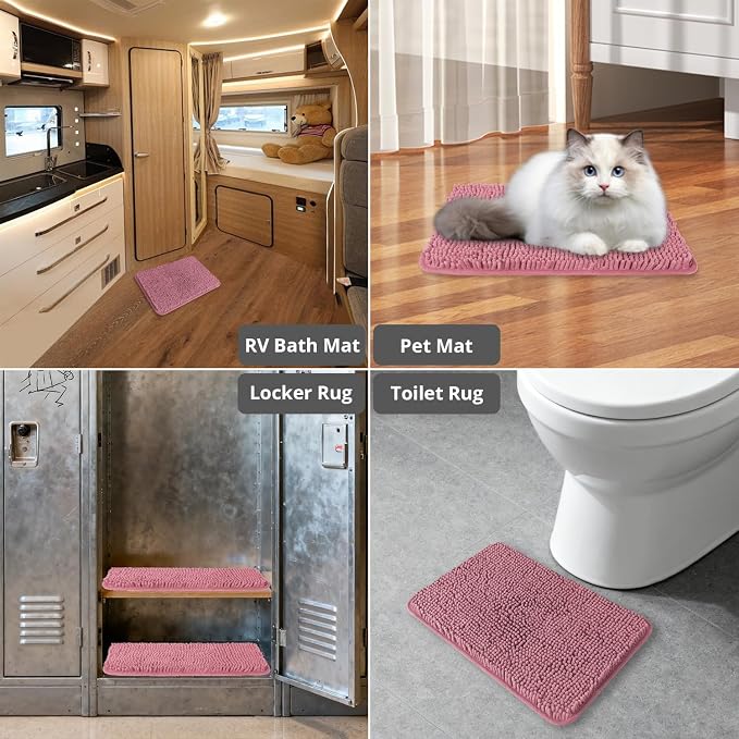 Small Bathroom Rug 12"x18" – Washable and Absorbent Bath Mat, Non Slip, Thick Soft Chenille Bath Rugs for Bathroom, Shower, Sink, Dog mat(Dusty Rose)