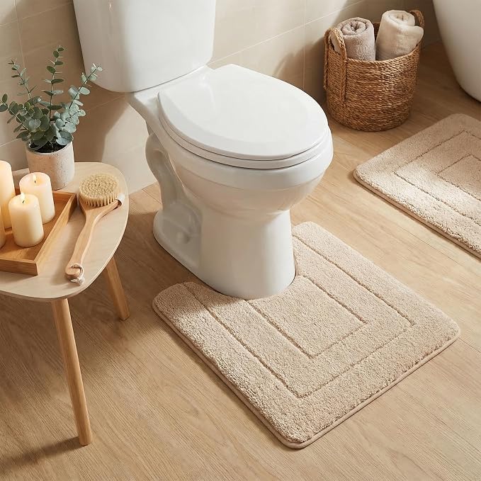 GRANNY SAYS Khaki U Shaped Toilet Rug 20" x 24", Non-Slip Bath Mat | Soft microfiber, TPR backing, absorbs water quickly, machine washable, fits around most standard toilet bases