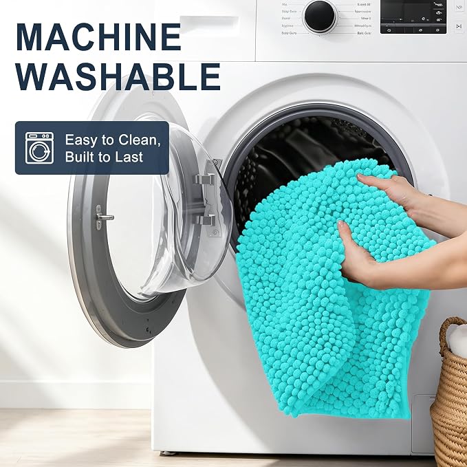 Smiry Thick Chenille Bathroom Runner Rugs 44x24, Absorbent Bath Mat, Teal | Quick‑Dry & Machine Washable, Non‑Slip Bath Carpet, Soft Striped Bath Rugs for Tub & Shower, Modern Home Decor Accessories