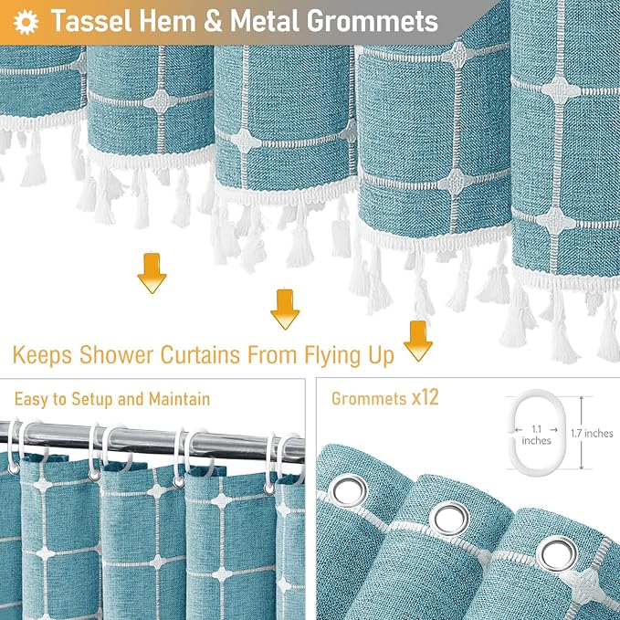 Long Boho Farmhouse Linen Cloth Shower Curtain, 72x84, Turquoise/Teal | Tall Size, 330GSM Linen Blend, 3-side Tassels, Water Repellent Fabric, 12 Plastic Hooks, Rustic Bohemian, Machine Washable