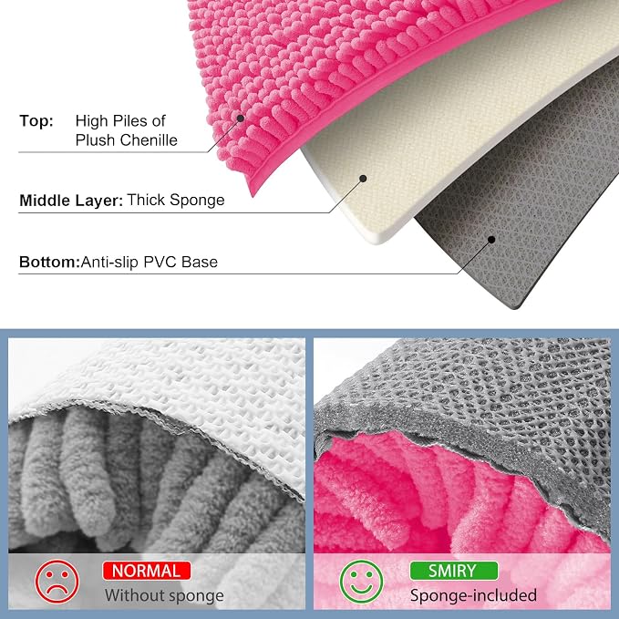 Smiry Bathroom Rugs 34X21, Luxury Chenille Extra Soft Absorbent Bath Mat | Hot Pink, Machine Washable Non-Slip Plush Bath Mats for Bathroom, Tub, Shower, and Floor, Home Decor