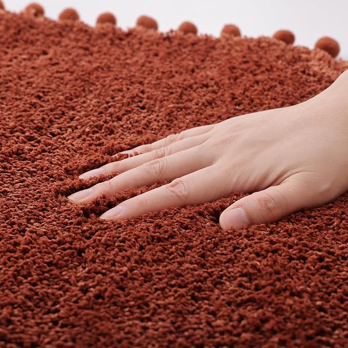 YIRDDEO Oval Rug for Bathroom, Boho Bath Mat with Pom, Terracotta, 36"x24" | Soft Plush, Absorbent, Quick Dry, Machine Washable, Non Slip Bath Mat for Bathroom Shower Floor Home Decor