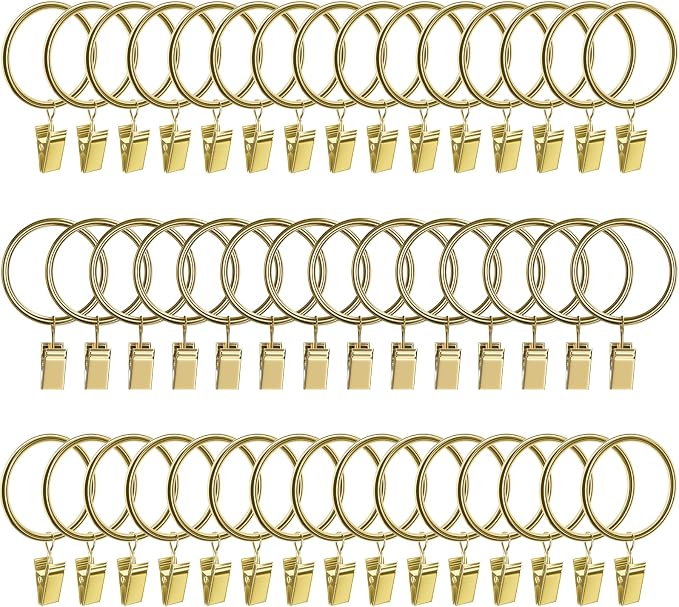 Lansian 44 Pack Curtain Rings with Clips Hooks 1.5 in Diameter Rustproof | Metal Stainless Steel Drapery Rings for Tension Rod Bracket Eyelets Decorative Hanger, Fits 1.38 in Rods, Gold