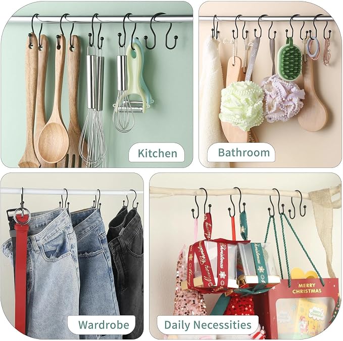 Shower Curtain Hooks, 12 Pcs Shower Curtain Rings, Stainless Steel Shower Curtain Hangers, Black Shower Curtain Hooks Rings Rust Proof, Minimalist Shower Hooks for Shower Curtain, Black