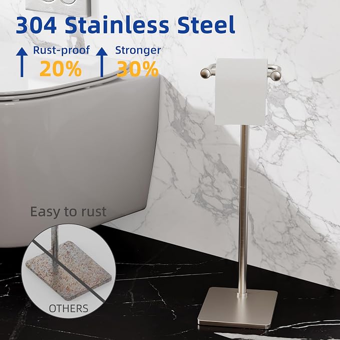 RUACQ Bathroom Toilet Paper Holder Stand, Brushed Nickel | Dual-Post Pivoting Free Standing Toilet Roll Holder with Weighted Base, Anti-drop Design 304 Stainless Steel Tissue Stand