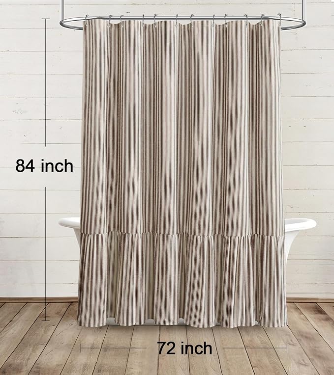 Farmhouse Shower Curtain Ruffle Linen Cream-Brown Stripe 72"W x 84"L | Farmhouse Boho, Striped, Bottom Ruffle, Linen Fabric, Rustic, Country, Natural Look, Washable, for Bathroom Bathtub
