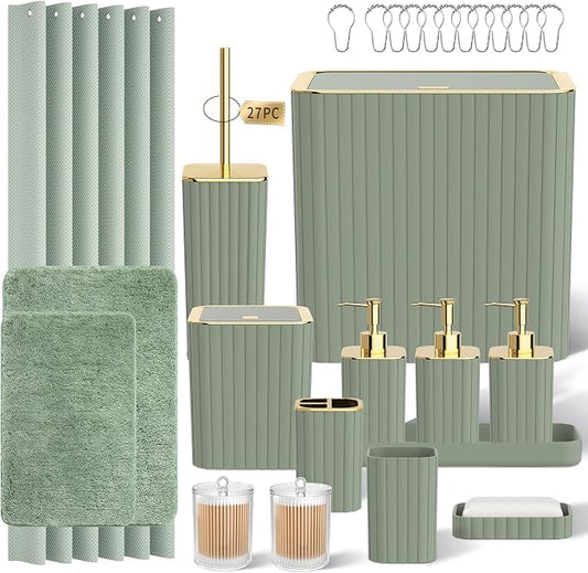 Bathroom Set - Bathroom Sets with Shower Curtain and Rugs, Sage Green Bathroom Set, 27PC Bathroom Accessories Set, Mini Trash Can, Toilet Brush, Trash Can & Soap Dispenser
