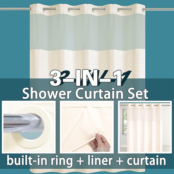 Conbo Mio No Hook Shower Curtain with Snap in Liner Set, Hotel Luxury Beige Shower Curtains for Bathroom with See Through Top Window, Waterproof, Washable 71W x 74H