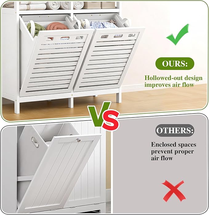 VASMIA Tilt Out Laundry Hamper Cabinet, Bamboo Double Laundry Hamper with 2 Removable Laundry Baskets, 20 Gal Laundry Sorter Organizer with Shelf for Dirty Clothes, Bathroom, Laundry Room, White